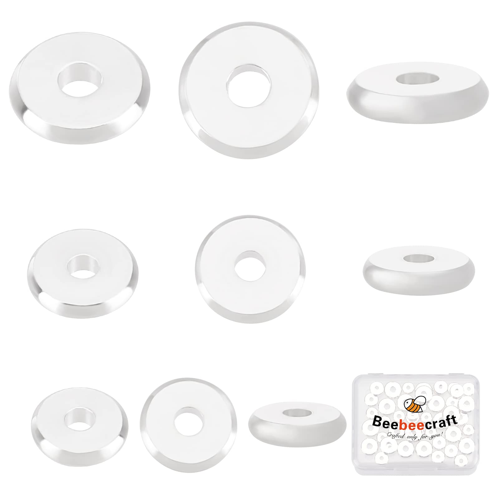 Beebeecraft 1 Box 60Pcs 3 Size Flat Round Spacer Beads 925 Sterling Silver Plated Brass Disc Loose Jewelry Making Beads for DIY Bracelet Earring Necklace