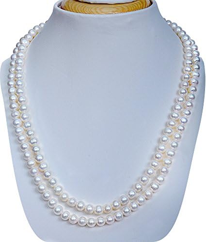 Pearl Inn 7-8mm AAA 19-20Inches 51cm Freshwater Cultured Pearl (white)Double Strings Necklace and Matching Stud Earring (8mm)Set and *free one pair white (8mm) drop earring.