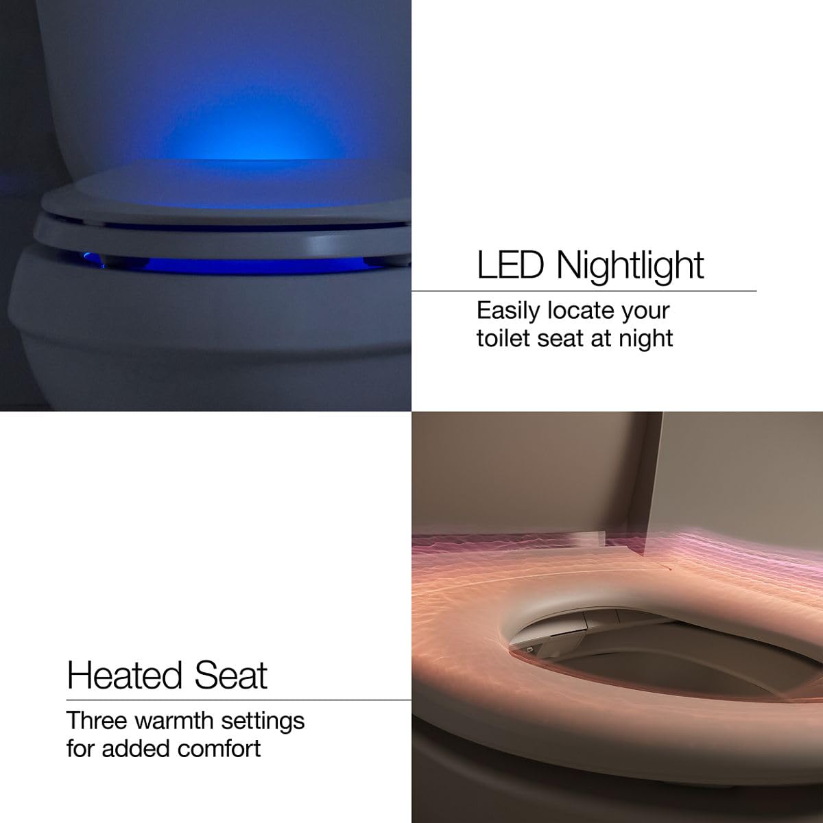 KOHLER 10349-0 PureWarmth Heated Elongated Toilet Seat, Soft Close Toilet Seat, Quiet-Close, Slow Close, Night Light, White