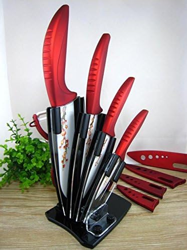 UniversalD® - Ceramic Knife Set with Block Kitchen Knives Fruit Knife Peeler Slicer for Vegetable, Potato, Carrot, Apple, Citrus, Butternut Squash - W/ Ultra Sharp, Odorless, Stain Proof Non-corrosive Blade HD-053 (Red 5 PCS.)