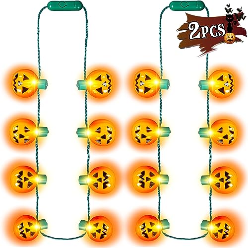 Shindel 2PCS Halloween Light Up Necklaces, Light Up Pumpkin Necklace Halloween LED Necklace for Kids Adults Halloween Party Favors Trick or Treat