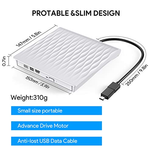 External CD DVD Drive,AUCEE USB 3.0 Type C Dual Port Slim Portable External CD DVD Rewriter Burner Writer, High Speed Data Transfer External USB Optical Drives for Laptop/MacBook/Desktop (White) - Thumbnail 4
