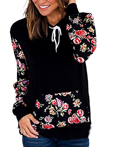 Halife Womens Kangaroo Pocket Drawstring Slim Fit Floral Hoodie Sweatshirt Top Black M