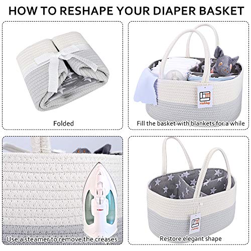 Mebbay Baby Diaper Caddy Organizer, Cotton Rope Storage Basket, Nursery Storage Bin for Changing Table and Car, Detachable Partition with Bottle Holder, Gray