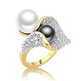 Mytys Grey and White Simulated Pearl Crystal Flower Rings