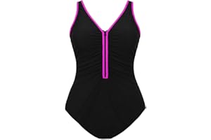 2026 Women's One Piece Bathing Suit Plus Size V NEC Swimsuit Tummy Control Front Zipper Bikini Back Cutout Swimwear