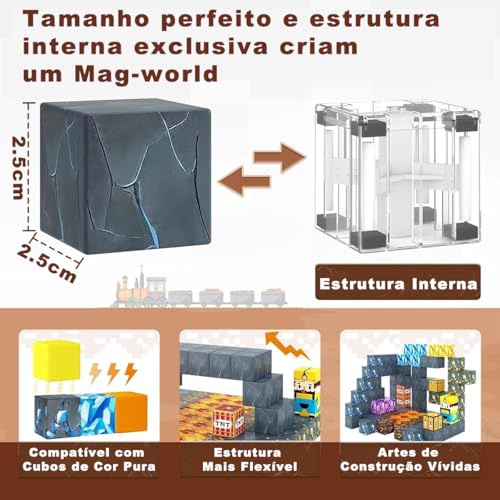 Blocos Magnéticos Infantil 72 Peças para Montar – Tema Mina de Ouro, Cubos Magnéticos Educativos de Construção, Brinquedo de Encaixe Estimulante para Crianças +3 Anos