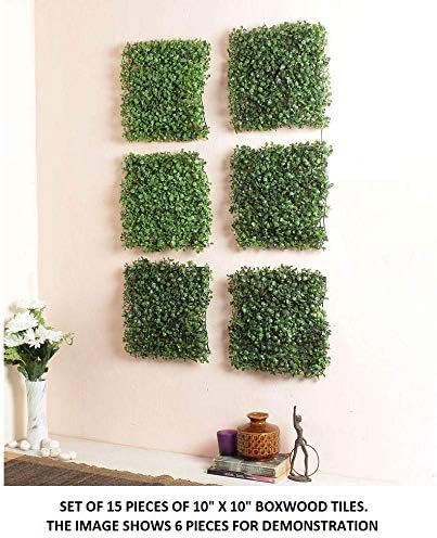 Fourwalls Artificial PVC Eucalyptus Boxwood Wall Mat (Green, 15 cm x 15 cm x 2 cm) -Set of 15