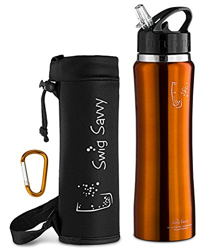 Swig Savvy Stainless Steel Insulated Leak Proof Flip Top Straw Cap Water Bottles with Pouch & Clip, Orange, 24oz