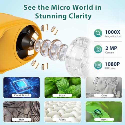 PINREK Kids Microscope 1000X Digital, Handheld Adventure Microscope for Kids, Pocket Microscope Video Record with 32G Memory Card, Portable Magnifying Glass Miniscope, Great Gift for Boys Girls