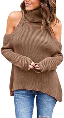 Vicheer Women Off-Shoulder Solid Knitting Long Sleeve Tops Turtleneck Sweaters Khaki XL