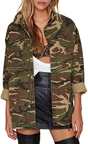 Richkoko Women Casual V Neck Pockets Zipper Button Boyfriend Camo Jacket(L,Green)