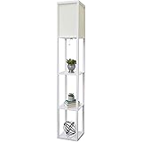 Simple Designs Home LF1014-WHT Etagere Organizer Storage Shelf Linen Shade Floor Lamp, White