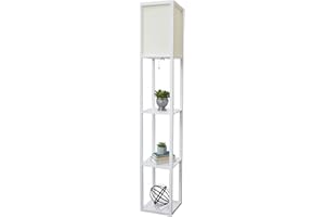 Simple Designs LF1014-WHT Etagere Organizer Storage Shelf Linen Shade Floor Lamp, White
