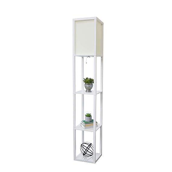 White : Simple Designs LF1014-WHT Floor Lamp Etagere Organizer Storage Shelf with Linen Shade, White