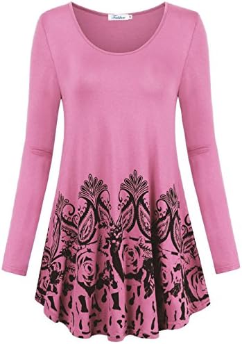 Faddare Women's Floral Printed Flowy Pleated Long Sleeve Swing Tunic Tops Shirts