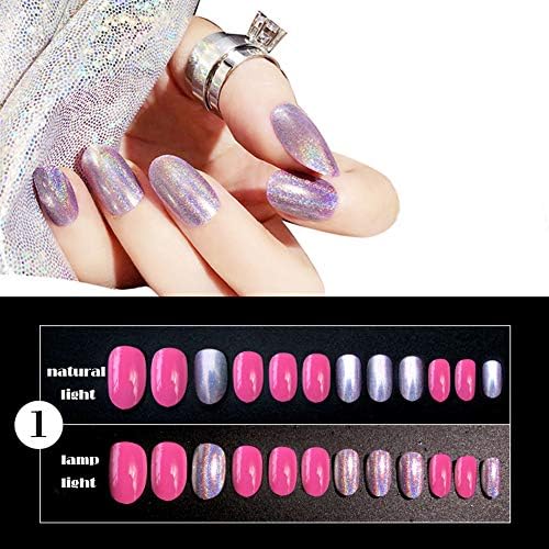 Micup Chrome Oval Fake Nails Tips Kit Bright UV Gel Nail Art Salon Full Cover Acrylic False Nails - 24Pcs Artificial Manicure Set (01)