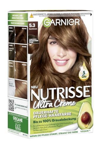 Garnier Nutrisse Permanent Care Hair Colour with Nourishing Fruit Oils, Colouration with 8 Weeks Hold, Ultra Cream Tint, 053 Velvet Brown