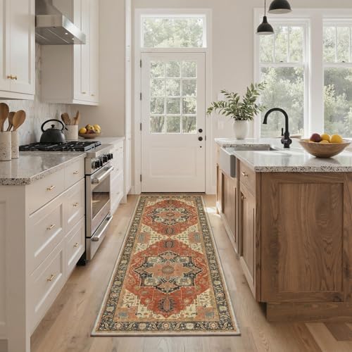 BEIMO Reversible Short Pile Living Room Rug, Vintage Non-Slip and Washable Rugs, Large Carpet for Living Room, Bedroom, Dining Room, Terracotta Red and Black, 80 x 150 cm