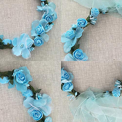 Flower Crown Headband Wreath Garland Hair Bands Floral Wedding Bridal Hair Hoop Women Leaf Ribbon Party Decoration Headdress Headwear Christmas Handmade Headpiece Hair Accessories 2 Pack Blue - Thumbnail 4