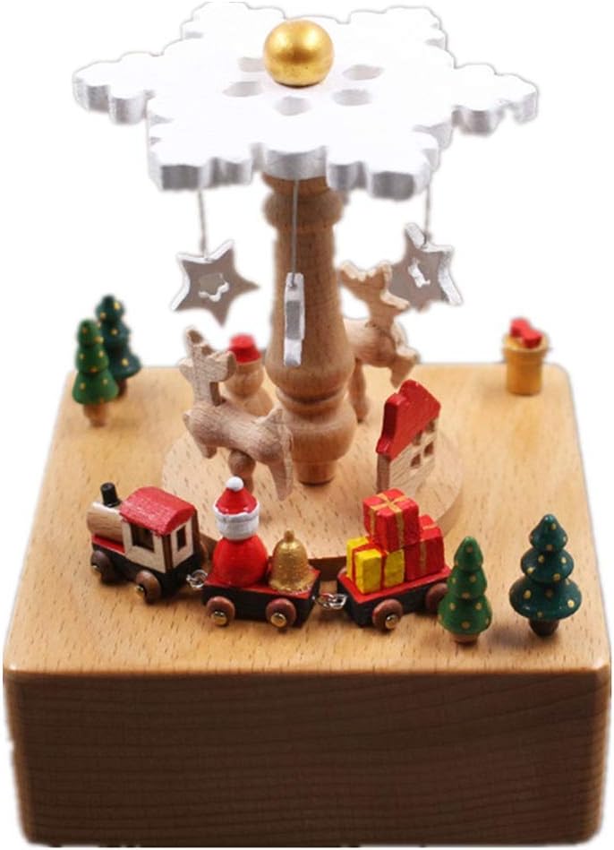 XRJ Exquisite Music Box Delicate Wooden Music Box Snowflake Christmas Train Music Box (Color : Picture Color, Size : 11X11X15CM)