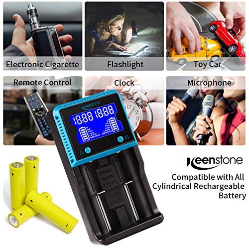 Keenstone Cargador Pilas Universal Inteligente, 18650 ICR BRC Baterías LCD Pantalla Cables para baterías Recargables Ni-MH Ni-CD AA AAA SC 10440 14500 16340 18560 22650 25500 26650 20700 (2 Ranuras)