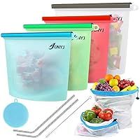 Reusable Silicone Food Storage Bags, JONYJ Bonus Stainless Steel Straws & Brush + Produce Storage Bags + Silicone Sponge, Airtight Seal Cooking Baggies for Sous Vide, Sandwich, Liquid, Snack, Lunch