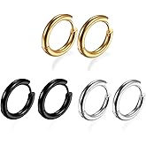 316L Surgical Stainless Steel Huggie Hoop Earrings 6mm Hypoallergenic Earrings Hoop Cartilage Helix Lobes Hinged Sleeper Earrings For Men Women(A05:6mm Gold+Silver+Black(6Pcs))