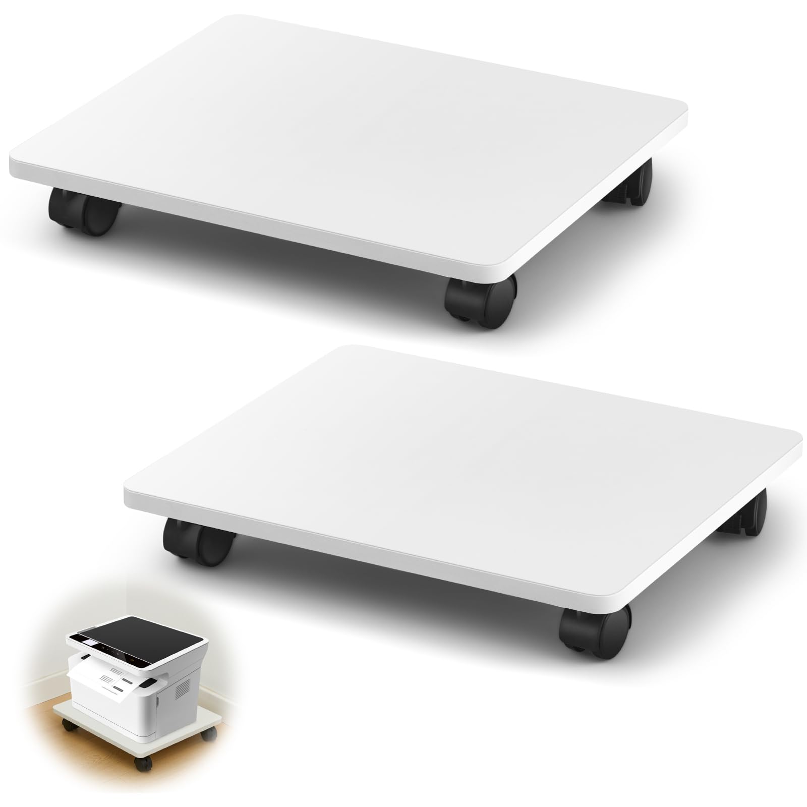 Photo 1 of Beeveer 2 Pcs Office Under Desk Printer Stand with 4 Caster Wheels White Movable Printer Copier Shelf and CPU Holder for Home Office Heavy Duty Storage Rack Scanner Fax Machine, 13.78 x 11.81 Inches