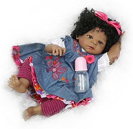 Nicery Reborn Baby Doll Indian African Black Skin 22inch 55cm Hard Simulation Silicone Vinyl Lifelike Vivid Boy Girl Toy Blue Dress Nicery-ID55Z005W