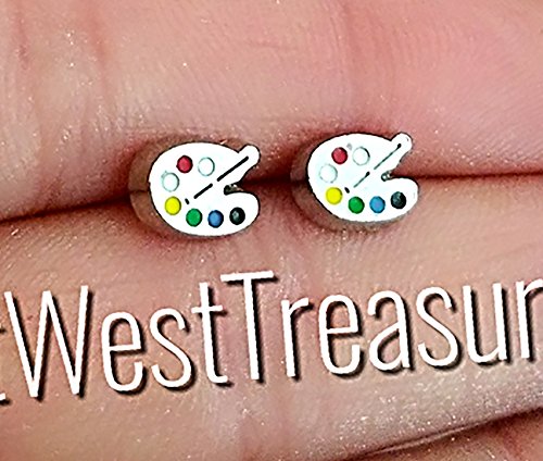 EWT Stainless steel Small Minimalist Artist painter's paint palette and brush stud earrings-minimalist earrings-Artist Jewelry-Girls women adult children kids