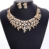 HongHu Jewelry Sets Vintage Bridal Chunky MultiColor Faux Pearl Cluster Necklace Stud Earrings