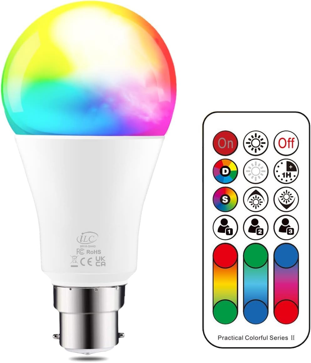 iLC LED Light Bulbs, 75 Watt Equivalent, Colour Changing 10W B22 Bayonet RGBW Lights, 2700K Warm White, RGB Coloured- 120 Color Choices - Remote Controller Included