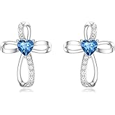 Seiyang Cross Stud Earrings 925 Sterling Silver Cross Earrings with 12 Months Birthstone Birthday Jewelry Gifts for Women