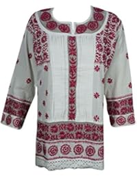 Mogul Womens Resort Tunic Dress Cotton White Red Embroidered Handmade Cover up Blouse