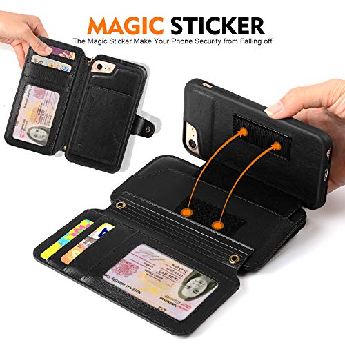 Cornmi Compatible for iPhone 8 Wallet Case, Detachable Wallet Leather Cover 10 Card Slots Wristlet and Shoulder Strap Handbag Purse Flip Stand Slim Mirror case Compatible for iPhone 6 7 8