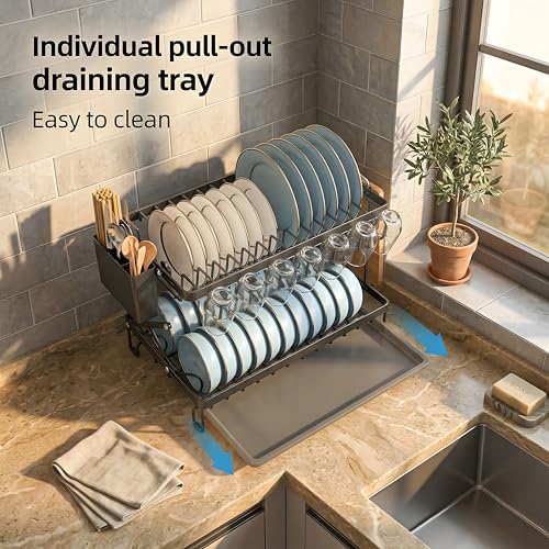 Beauenty 2 Tier Dish Drying Rack, With Drip Tray And Folding Design, Large Capacity Kitchen Dish Drainer For Small Kitchens, 42cm(Black)