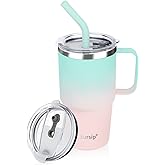 Sursip Insulated Coffee Mug with Handle and Lid, 24 oz Double Wall Vacuum Travel Thermal Coffee Tumbler with Straw for Home, Office Stainless Steel Coffee Cup - Leak proof, BPA Free(Green/Pink-1 Pack)