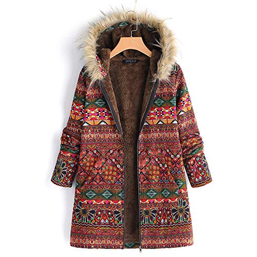 Cuekondy Women Vintage Floral Printed Coat Winter Warm Faux Fur Hooded Parka Jacket Boho Long Zipper Coats Outwear (Best Camel Coats 2019)