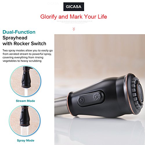 GICASA Solid Brass High Arch Oil Rubbed Bronze Single Handle Pull Out Sprayer Kitchen Sink Faucet, Commercial Style Bronze Pull Down Spring Kitchen Faucets