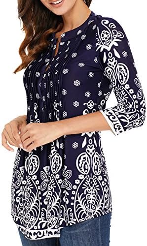 YAMALL Womens 3/4 Sleeve Boho Crew Neck Floral Tunic Pleated Flowy Tops
