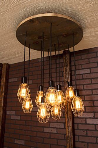Round Industrial lighting, Industrial Chandelier, Nickel With Reclaimed Wood and 10 Pendants. R-26C-NC-10
