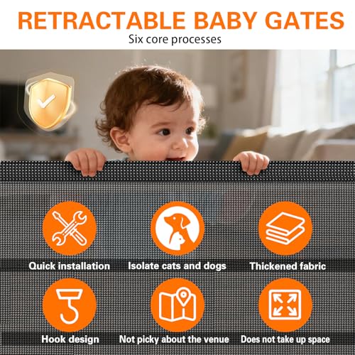 78CM Extra Tall Pet Gate,130CM Wide Retractable Cat Gate with Support Rods and Floor Hook,Easy to Use Pet Fence for The House Stairs Doorways Hallways Indoor Outdoor, No-Drill Installation(A)