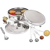 Taluka Stainless Steel Spice Box Indian Masala Dabba With 7 Compartments 1 Small Spoon & 4 Pcs Of Measuring Spoon For Home Restaurant Chefs 8x8 Inches