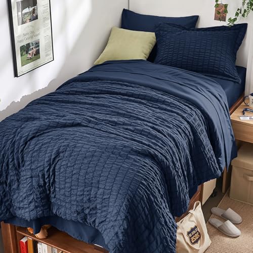 HYMOKEGE Seersucker 5 Piece Navy Blue Comforter Set