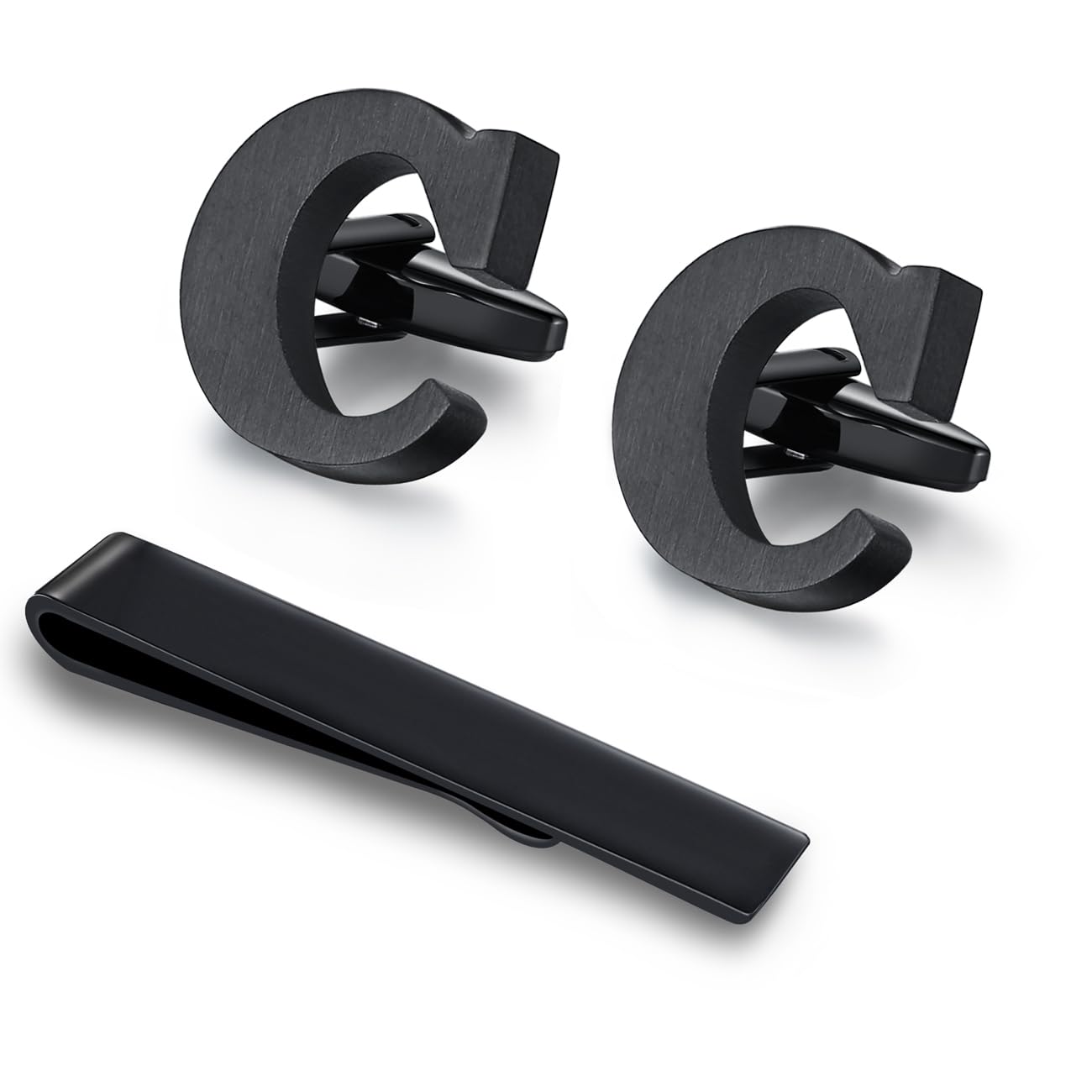 Honey Bear Initial Alphabet Letter Cufflinks Tie Clip Set for Mens - Black Stainless Steel, for Business Wedding Gift A - Z (C)