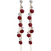 Long Rose Tassel Dangle Drop Earrings Red Purple Green 3D Rose Flower Earrings Rhinestone Crystal Rose Statement Earrings Weddings Party Birthday Jewelry for Women