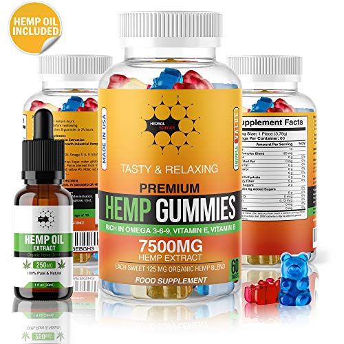 Herbal Science Premium Hemp Gummies: 7500mg Natural Hemp Extract Candy Supplement for Pain, Anxiety, Sleep, Stress, Memory, Mood - 60 Fruity Gummy Bears and 250mg Hemp Oil Extract Drops