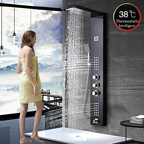 FUZ Thermostatic Shower Panel Tower System,Multi-Function Rainfall Waterfall Shower Head Rain Massage System with Body Jets Bathroom Shower System,Oil Rubbed Bronze
