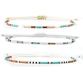 Ustome Colorful 3Pcs Stack Rice Seed Beaded Bracelets Set for Women, Boho Romantic Handmade Thin Gold Plated String Rope Adjustable Jewelry, Daily Vacation Party Holiday Friendship Gift